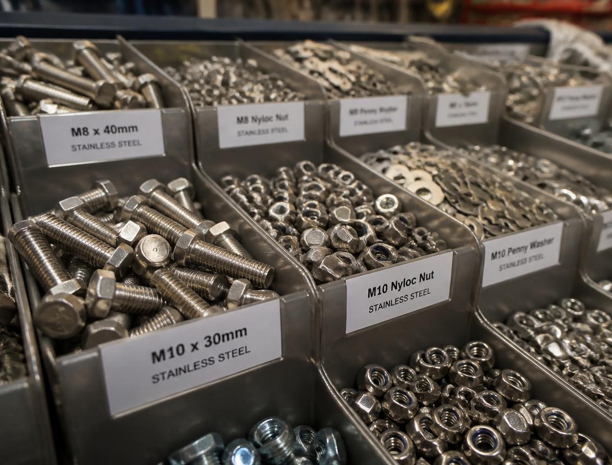 Trays of stainless steel bolts, nuts and washers at the trade counter