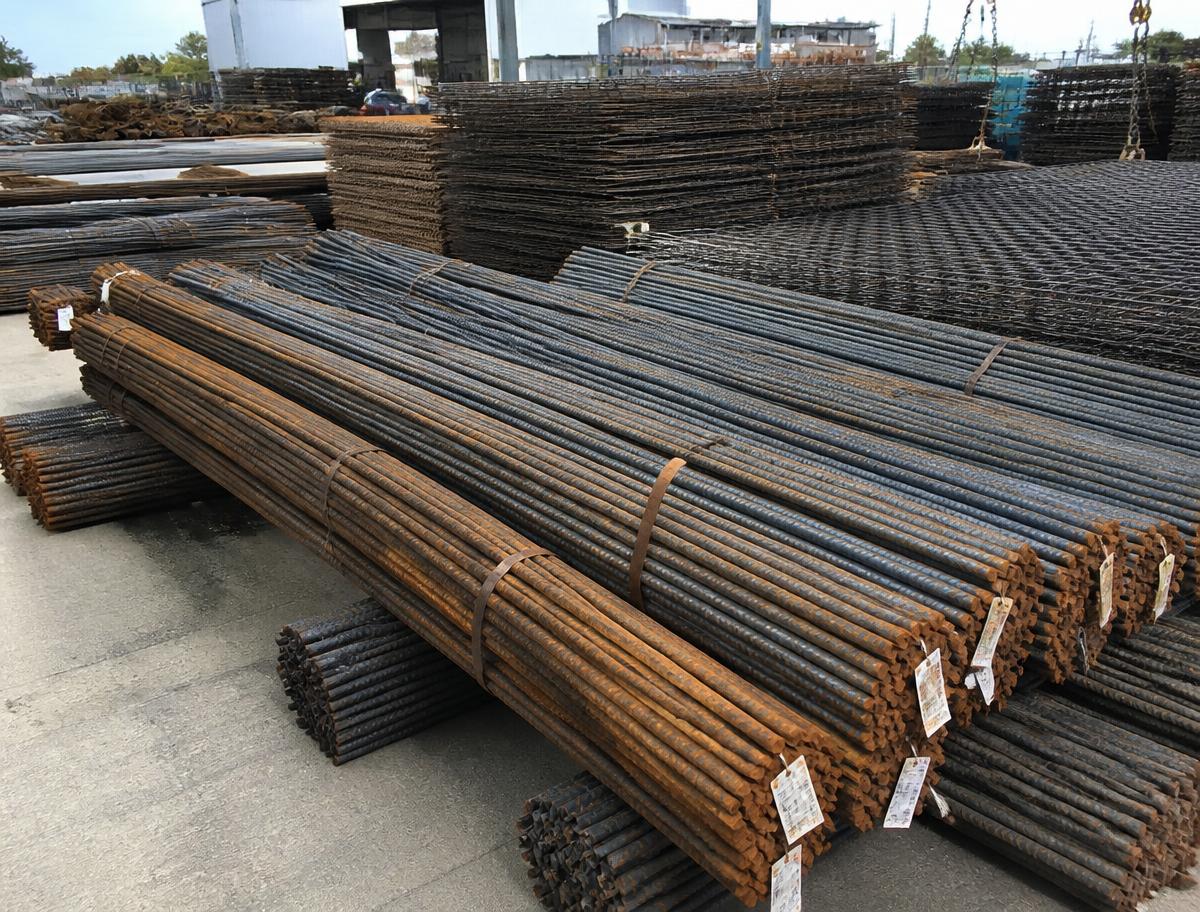Bundles of steel reinforcing bar and reo mesh sheets