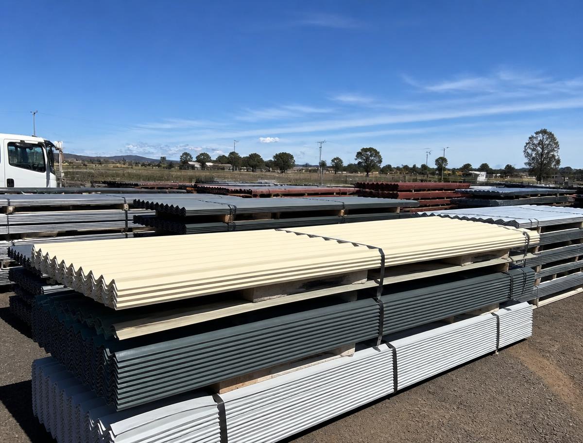Stacks of corrugated steel roofing sheets in the yard
